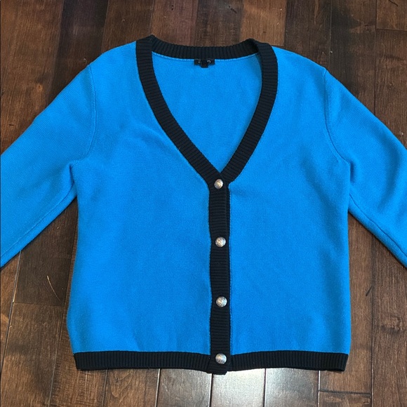 Talbots Tipped Texture V-neck Cardigan Sweater Blue black Silver tone buttons M - Picture 3 of 10